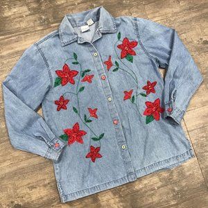 Haband Denim Shirt Button Front Women Size M 10-12 Poinsettias
